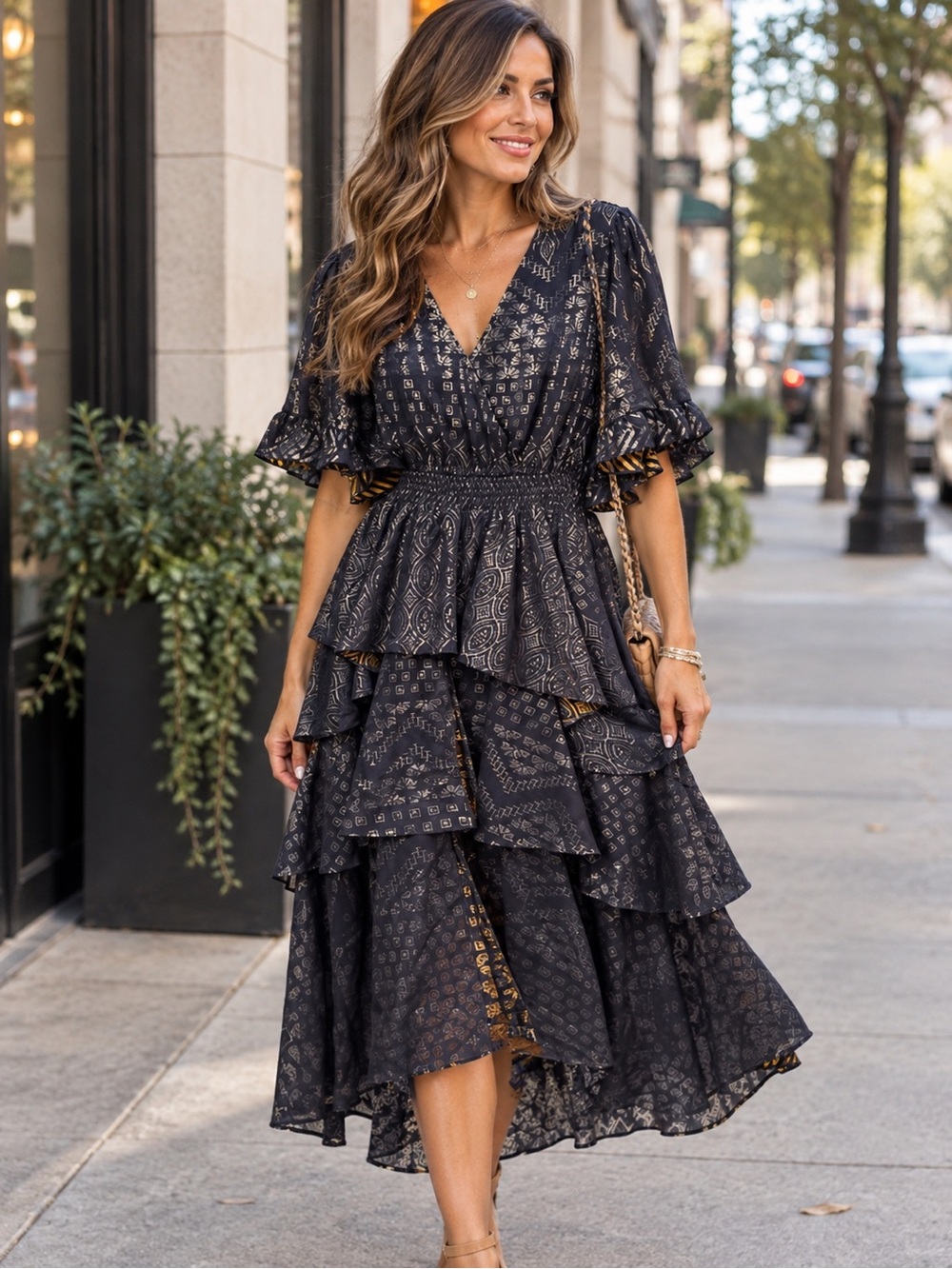 Hale Bob Black Tiered Ruffle Maxi Dress